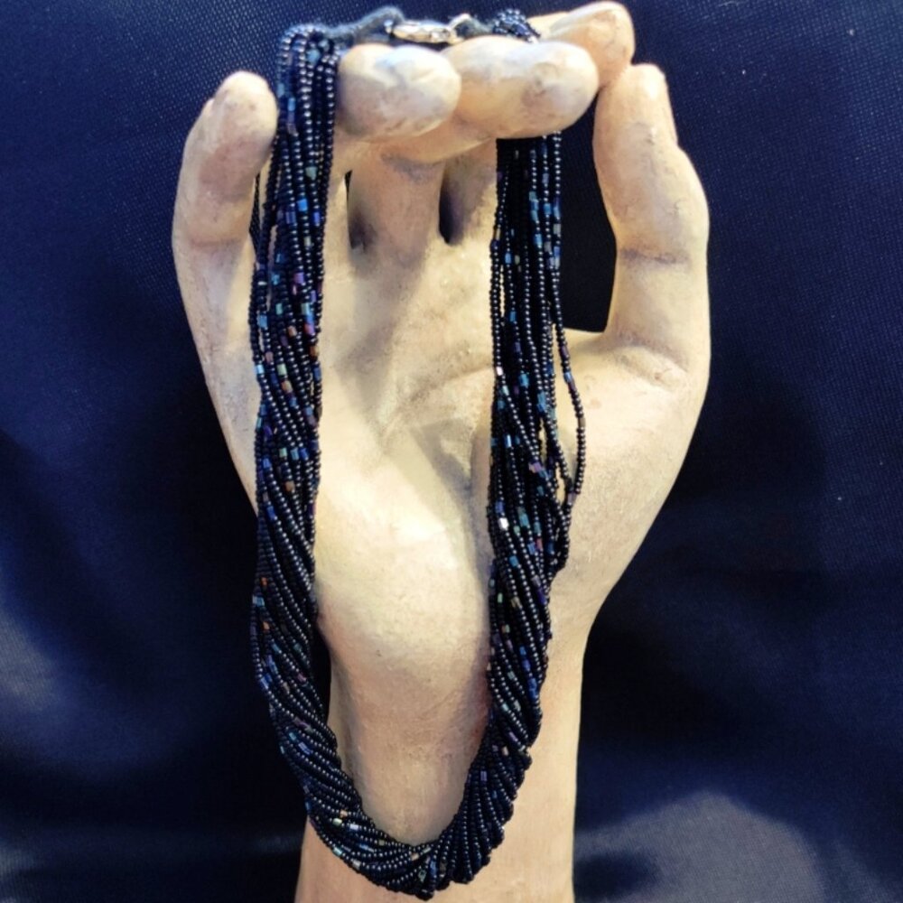 Twisted 18 Strand Black Glass Seed Bead and Iridescent Glass Tube Bead Necklace